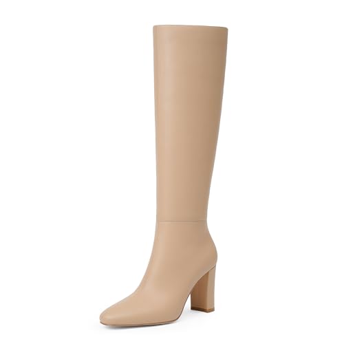 Image of Modatope Knee High Boots for Women Chunky Heel Rounded Toe Tall Boots | 2026 Fashion Winter Fall Boots for Women,Side Zipper PU Leather Long Dress Boots, Block Heel Tall Boots
