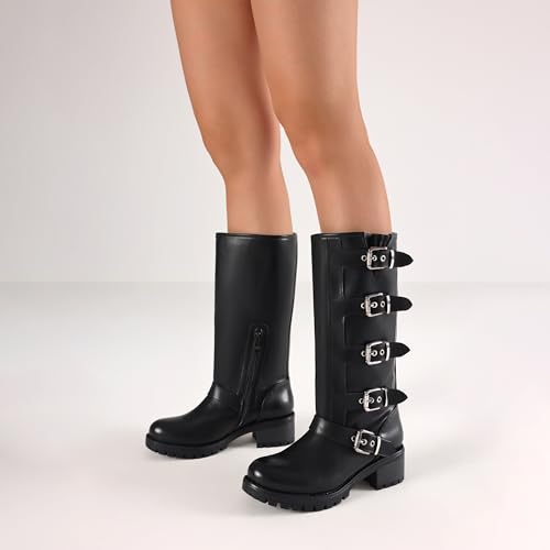 Image of AMINUGAL Knee High Boots Women Square Toe Pull On Wide Calf Riding Fashion Buckles Chunky Metallic Casual Vintage Buckle Rivet