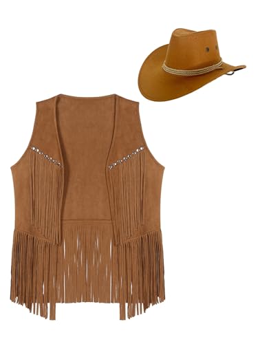 Photo de Rswnyirn Femme Costume Cowboy Fringe avec Chapeau, Ensemble Déguisements de Carnaval, Gilet Cowboy Rétro Hippie Marron M