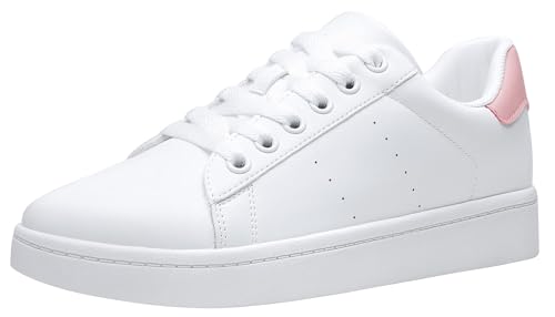 Vepose Women's Fashion Casual Sneakers, Laces Trendy Sneakers Low Platform with PU Leather, Pink and White, Size 7 US - Comfortable Walking Shoes (CJY8002 White Pink 07)