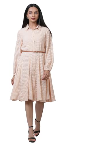 Image of W for Woman Pink Solid Jacquard Flared Dress
