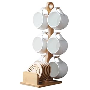 Ceramic Coffee Mug Set of 6, 6.7oz Capacity with Saucer and Holder for Home Office Tea Coffee, White