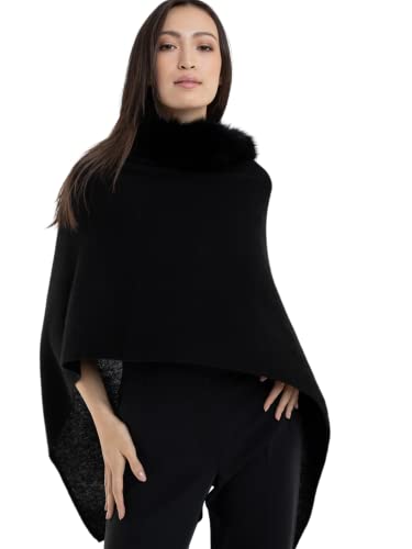 Luxe100% Cashmere Windchill Fox Trim Dress Topper Poncho: One-Size Cashmere Wrap Poncho - Lightweight, soft & Cozy