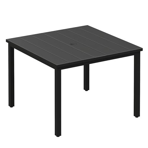 Image of VICLLAX Square Patio Dining Table for 4, Outdoor Patio Table with Umbrella Hole for Garden Lawn Deck Backyard, Black Tabletop