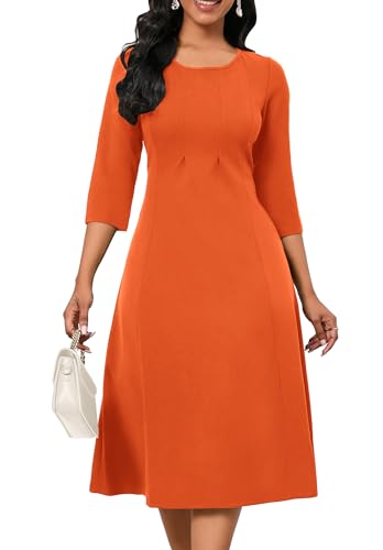FANDEE Women's 3/4 Sleeve Midi Dress 2024 - Casual High Waist A-Line with Round Neck, Orange, M