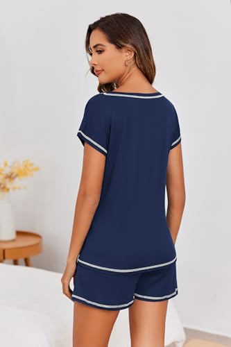 Image of Ekouaer Womens Pajama Sets 2 Piece Soft Short Sleeve Top and Shorts Sleepwear Round Neck Pjs Lounge Set with Pockets
