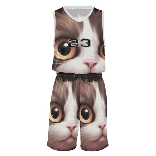 FLildon Big Eyes Cat Boys Basketball Jersey Set Tank Top Shorts Tracksuit Sport Training Suit for Kids, L