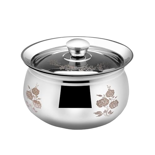 Image of Expresso Stainless Steel High Polished Steel Handi | Serving Pan| Steel Pot | Dahi Handi | Biryani Pot with Lid (1000ML)