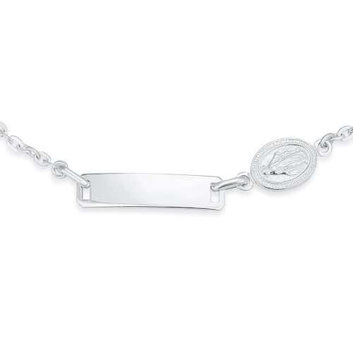 Image of Bling Jewelry Dainty Virgin Mary Personalize Thin Religious Identification ID Bracelet Curb Cuban Chain Link .925 Silver Sterling 7 Inch