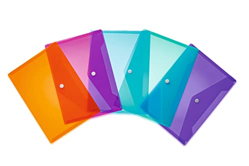 HERMA 20056 - Bolsas transparentes para documentos (DIN A5, 25 x 18 cm, polipropileno, 5 unidades, con botón de presión), color naranja, rosa, azul claro, turquesa, morado