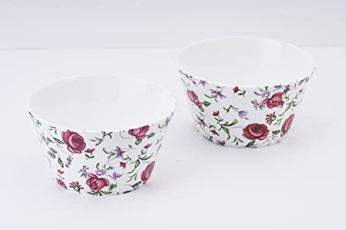 Image of GOLDEN QUEEN'S Bone China Bowls Set of 2 | Ideal for Snacks, Noodles, Ramen, Salad, Cereals, Rice | Microwave Safe | Handcrafted - Button Rose, 500 ml