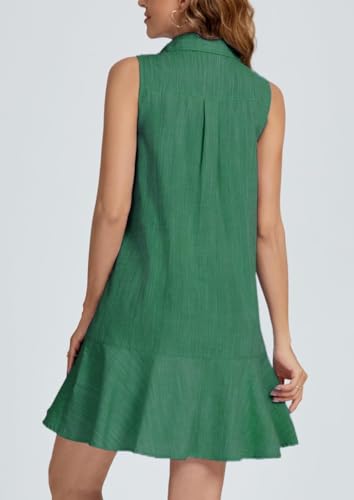 Image of Women Sleeveless Mini Dress Button Down Shirt Dress V Neck Reffle Hem Cotton Linen Tunic Short Dress