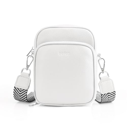 befen White Real Leather Small Crossbody Bag Purses for Women Travel Build in RFID Blocking Wallet Purses Anti-Theft with Guitar Strap