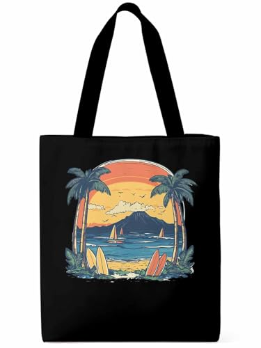 Canvas Tote Bag, Ocean Surf Sunset Mountain Coconut Tree patterned Canvas Tote Handbags for Women Shoulder Bag,