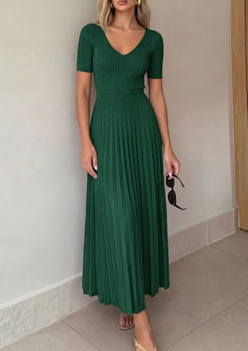 Image of PRETTYGARDEN Women's 2026 Spring Midi Sweater Dresses Elegant Pleated Ribbed Knit Short Sleeve V Neck A Line Summer Outfits
