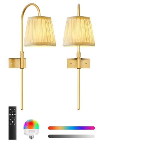 Image of ZECOXOL Vintage Battery Operated Wall Sconces Set of 2, Gold Rechargeable Wireless Wall Lamp Lights with Fabric Lampshade & LED Remote Bulb,Dimmable Flower Wall Sconce for Bedroom Living Room Hallway