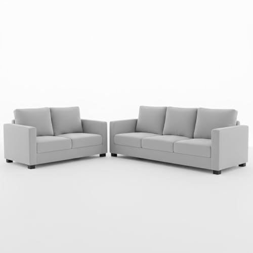 Image of FURNY Haster 5 Seater Fabric 3+2 Sofa Set (Light Grey) Premium Velvet Finish | Ideal for Living Room