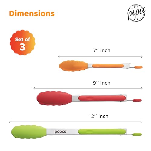 Popco 3 Piece Kitchen Tongs Set 7, 9, 12 Inch - Stainless Steel Nonstick Tongs with Silicone Tips - Heat Resistant and Dishwasher Safe for Cooking, Grilling, Salad, and Everyday Serving