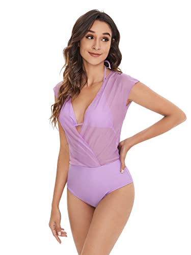 Sweatyrocks Women's Contrast Mesh Triangle One Piece Swimsuit Solid Purple L #TOP5