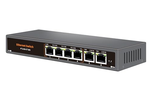 Image of 10G Unmanaged Ethernet Switch with 2 x 10G RJ-45 Uplink Port and 4 x 2.5G Base-T Ports Compatible with 100 /1000 /2500Mbps, One-Key WLAN, Fanlesss Plug & Play, Metal 2.5Gb Network Switch