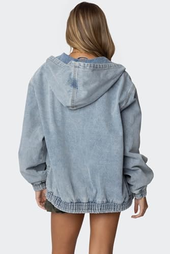 Women's Oversized Fit Hooded Vintage Washed Denim Bomber Jacket with Front Zip Closure2