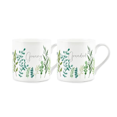 Purely Home Granny & Grandad Mug Set - Ferns & Greenery Garden Themed Gifts for Grandparents Bone China Mugs Set of 2 - Tea/Coffee Hot Drinks Cups Present