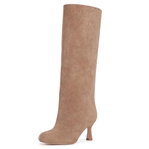 Athlefit Women's Suede Knee High Boots High Heel Stiletto Tall Boots Nude Fashion Slouchy Heeled Long Booties Size 8.5