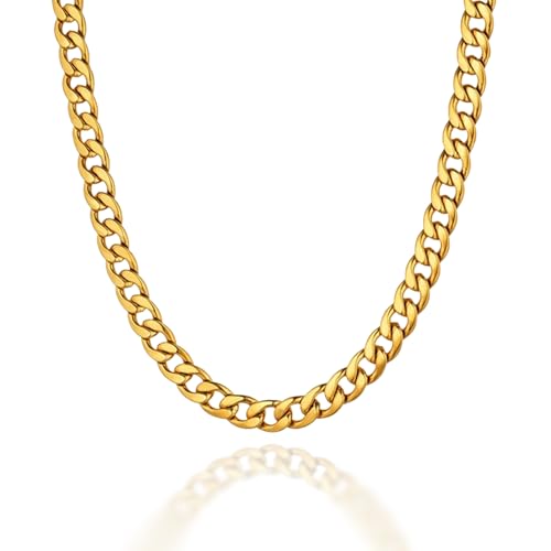 ALANETA Collar Cadena Cubana Maciza de 60cm para Hombres Cadena de Acero Inoxidable bañada en oro 18k. Hecha a Mano. Regalo para Él. Joyería para Hombres (Oro 7mm)