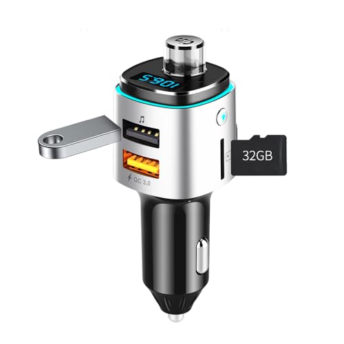 ILOKEY Bluetooth 5.0 Car Transmitter Radio Receiver with 2 Stronger Microphones, 41W PD QC 3.0 USB Car Charger, Aux in/Out Wireless Audio Music Adapter, with Hands Free Calls and Voice Assistant