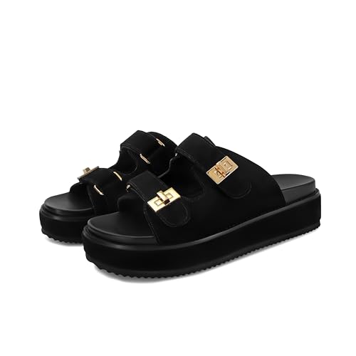 Image of SOVANYOU Suede Platform Sandals Slip on Platform Slides Open Toe Summer Beach Sandal Double Buckle Casual Vacation Shoes