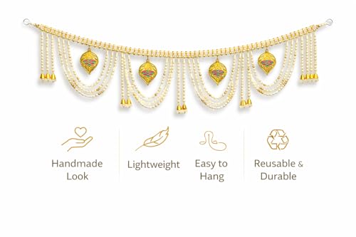 Image of Designer Pearl Beads Toran for Door | Golden Bandarwal with Hanging Motifs | 3 Feet Length | Traditional Festive Home & Pooja Decoration for Diwali, Wedding & Housewarming