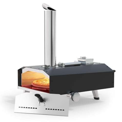GFTIME Horno de pizza de pellet de madera, horno de pizza al aire libre, horno de pizza portátil con fuego de leña, para jardín, camping, horno de pizza con piedra para pizza y termómetro, cocina