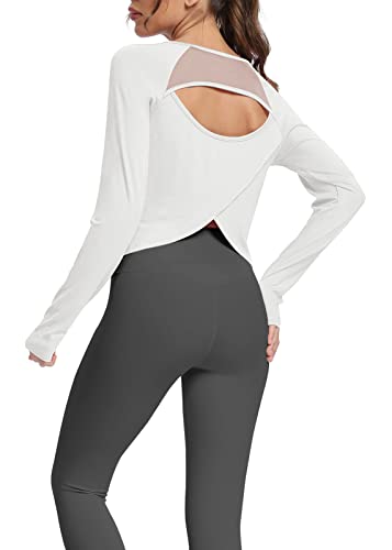Mippo Womens Long Sleeve Workout Shirts Athletic Shirt Yoga Top Gym Wear Open Back Workout Top Cropped Workout Top Work Out Tshirts Pilates Clothes For Women White S #TOP2