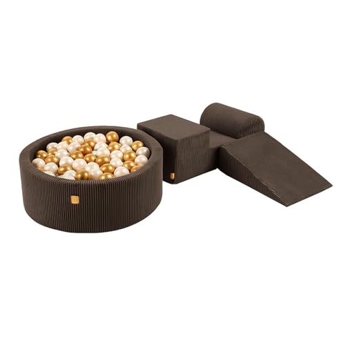 MEOWBABY Piscine à Balles et Parcours Motricité Enfant - Parcours motricité bébé avec 200 balles - Module motricité, Côtelé, Marron