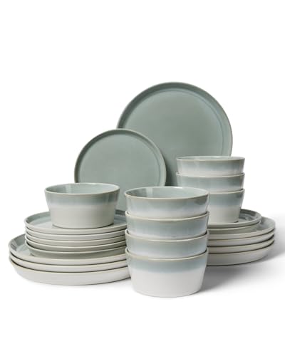 Image of Pokini Ceramic Plates and Bowls Sets for 8, 24pcs Dinnerware Sets, Dish Set | Reactive Glaze Stoneware Dishes Set, Microwave & Dishwasher Safe, Scratch Resistant, Easy Cleaning Dishware sets, Grey Green