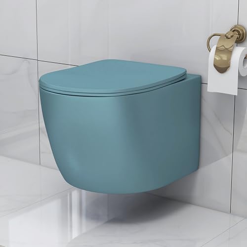 Image of Plantex Imported Ceramic Wall Hung Commode /Rimless Washdown Flush Western Toilet /Round Commode with Soft Closing Toilet Seat - P Trap (Harmony Blue)