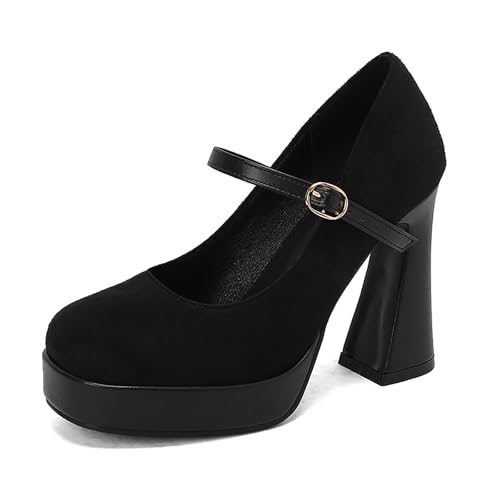 Women's Suede Block Heels Platform Mary Jane Shoes Closed Round Toe Buckle Chunky High Heel Pumps for Wedding Party Dress Shoes