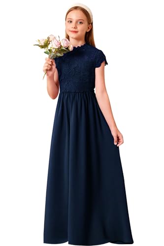 LTW Junior Bridesmaid Dress for Teen Chiffon Wedding Maxi Gown Lace Flower Girl Dresses with Sleeves