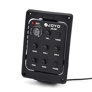 Pickup, tuner and equalizer system for acoustic guitars. 5-band EQ (BASS, MID-L, MID-H, TREB, PRES). With LCD display, easy to read the tuning information. With volume control knob and low battery check LED. Ideal for acoustic guitar players to impro...