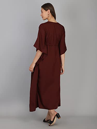 Image of Serein Women's Kaftan Dress (Maroon Polka Printed Crepe Kaftan Maxi with Waist String & V-Neck) (Maroon, Large) (SER-DRESS-GU-1-L)