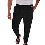 Pantalones Lino Hombre Senderismo Pantalón Lino Hombre Largos Ropa Deportiva Frescos Bermudas Tallas Grandes Verano 2#Negro M