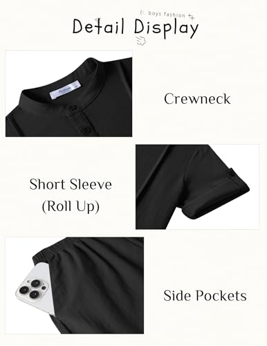 Image of Arshiner Boy's 2 Pieces Linen Sets Short Sleeve Henley Shirt and Shorts Summer Beach Matching Outfits 4-12 Years
