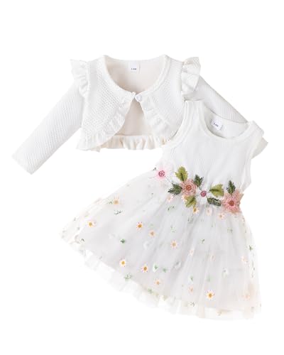 Infant Baby Girls' Tutu Dresses White Baptism Christening Dresses Sleeveless Flower Dress with Long Sleeve Cardigan Set Princess Birthday Party Dress for Girl 6-12 Month Fall Winter Clothes