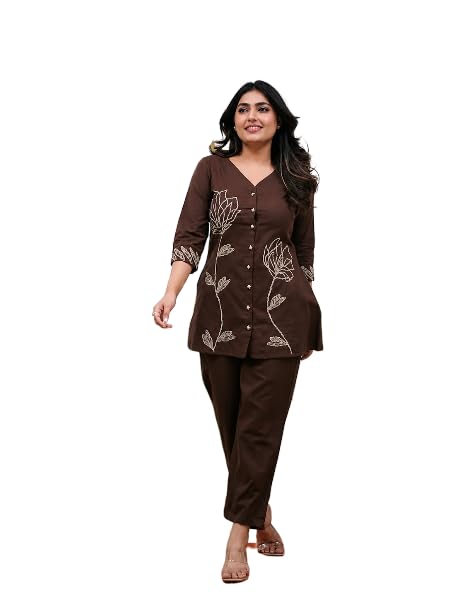 Achutham Enterprises Women's Rayon Kurti with Pant, Floral Embroidery, V-Neck, 3/4 Sleeve, Co-ord Set-picture-30