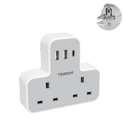 UK to European Travel Plug Adapter, TESSAN EU Adapter with 3 USB Ports (1 USB C), 2 Way Adaptor UK to Europe