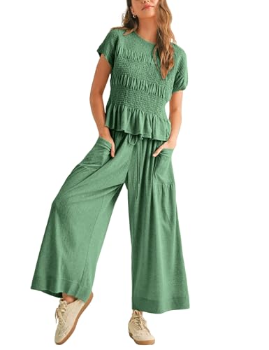 Antnation Womens 2 Piece Smocked Top Wide-Leg Pants Set High-Waisted Lounge Outfit with Pockets Casual Boho Matching Set(DustyGreen-XL)