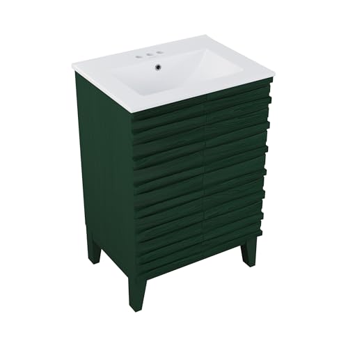 Image of Swiss Madison Cascade 24 inch Freestanding Bathroom Vanity in Green Oak with 3-Hole Centerset Sink Top