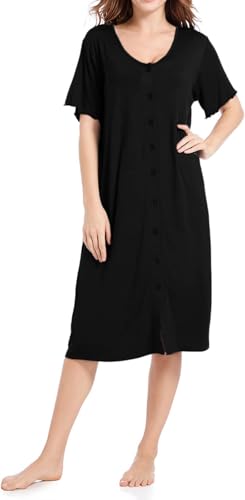Image of CHUNG Women Nightgown Loose Fit NightShirt Front Open Button Down Pajamas Nightdress Short Sleeve Sleepwear Under Knee Gown