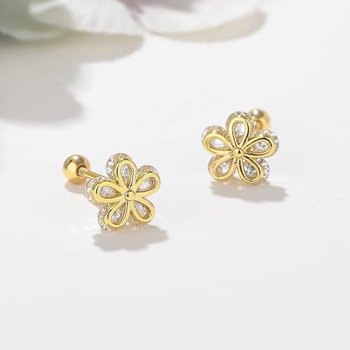 14K Gold Plated Flower Stud Earrings for Women Sterling Silver Hypoallergenic Cubic Zirconia Earrings, Trendy Dainty Cute Screw Back Ear Studs Minimalist Everyday Wear3