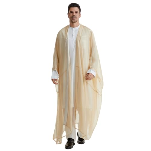 Muslim Men's Pure Color Long Sleeves Bisht Cardigan Robe Dubai Abaya (Beige, Large)